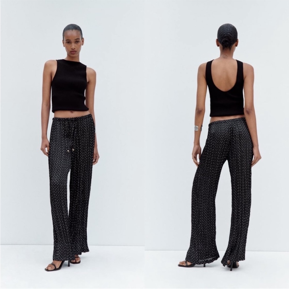 Zara Black White Polka Dot Pleated Wrinkle Effect Wide Leg Pants XS